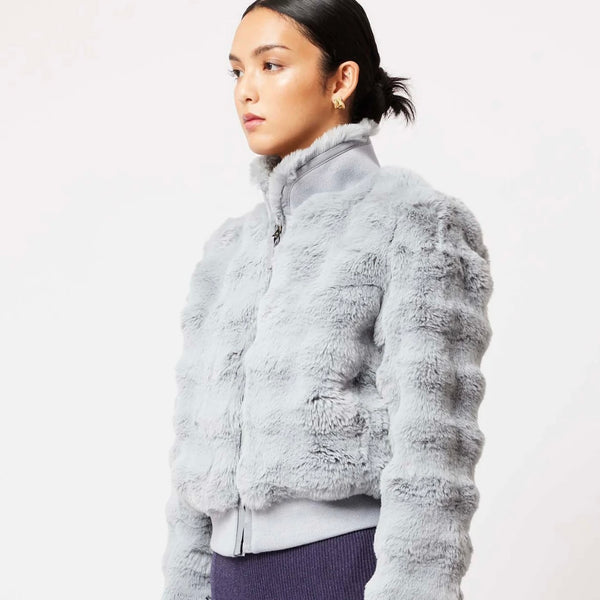 ONCE WAS - Stella Faux fur Rib Collar Bomber Jacket - Ice Blue