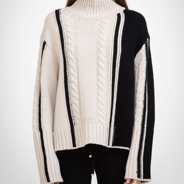 ALEGER No 114 - Cashmere Blend Colour Block Cable Knit - SHELL/BLACK