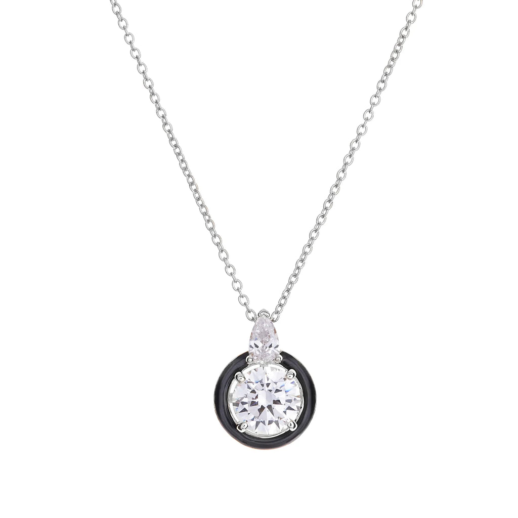 SYBELLA JEWELLERY - CHLOE STERLING SILVER BLACK ENAMEL AND CLEAR CZ ROUND ART DECO PENDANT