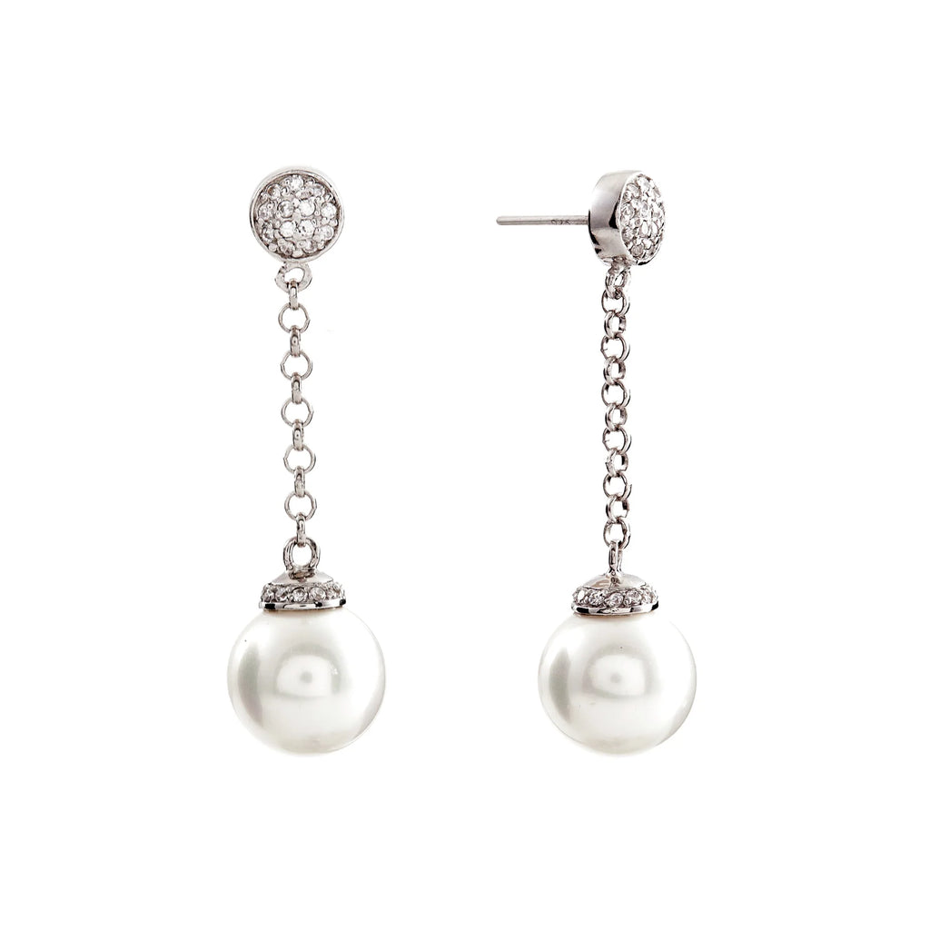 SYBELLA JEWELLERY - CHRISTINA RHODIUM PEARL & CZ STUD CHAIN DROP EARRINGS