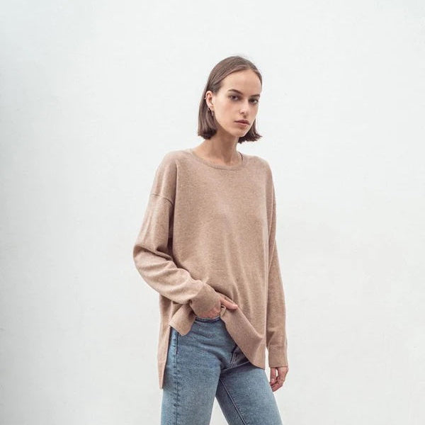 ALEGER No 184 - Cashmere Blend Hi Lo Slouch Crew - TOFFEE