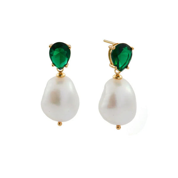 SYBELLA JEWELLERY - FELICITY EMERALD GREEN TEAR DROP CZ & FRESHWATER PEARL DROP EARRINGS