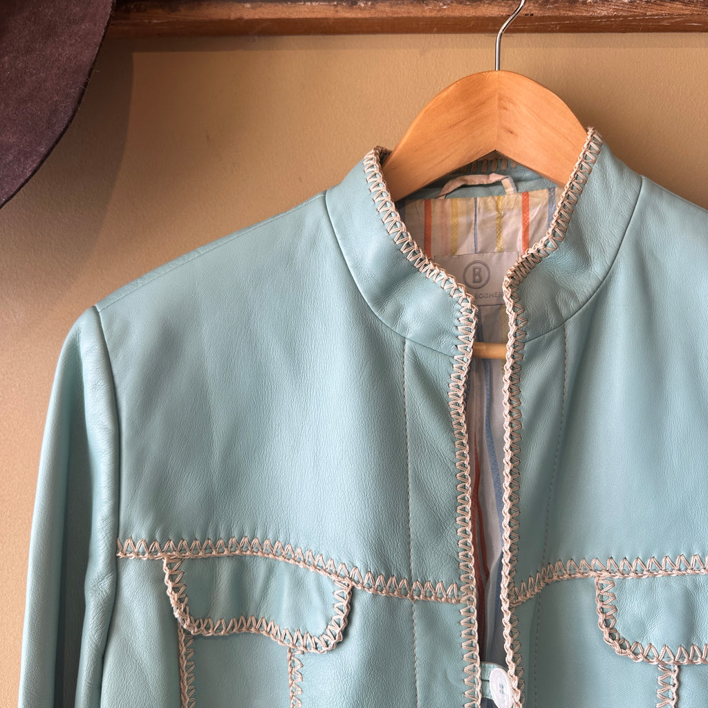 Sonia Bogner Vintage 2000s Aqua Blue Lamb Whipstitch Trim Leather Jacket Size 14