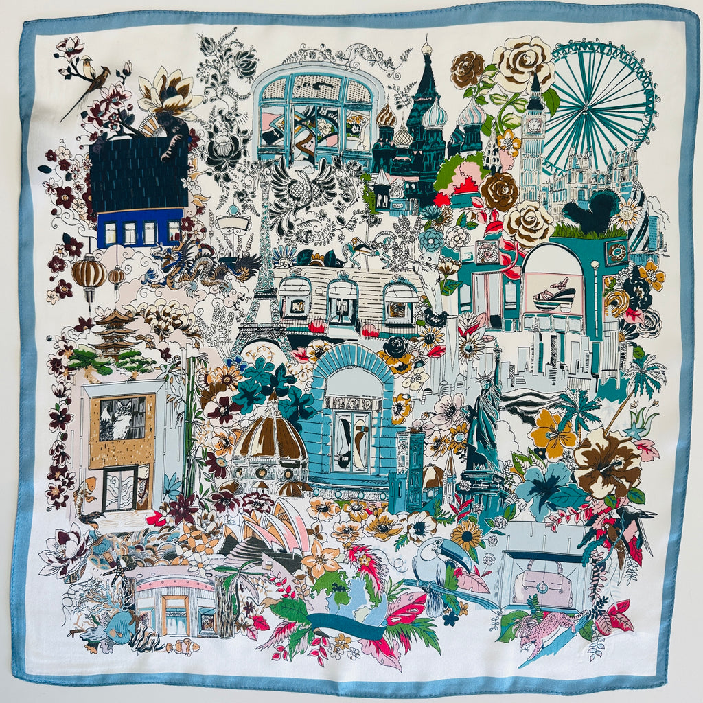 MAISON FANLI Silk Scarf 50×50 - Romantic Paris - BLUE