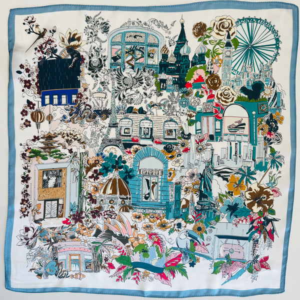 MAISON FANLI Silk Scarf 50×50 - Romantic Paris - BLUE