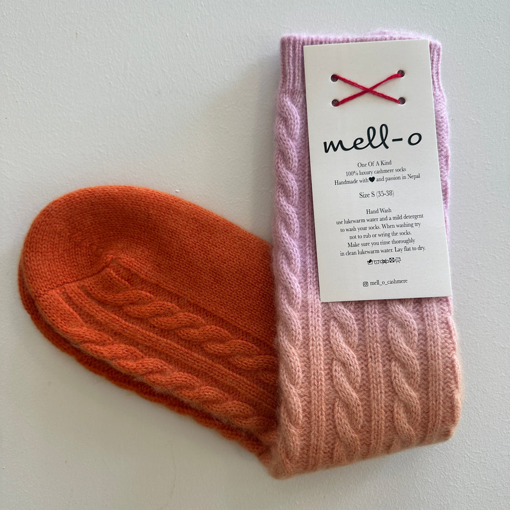 Mell-o CASHMERE Tie Dye Sock CABLE KNIT - ORANGE/PINK