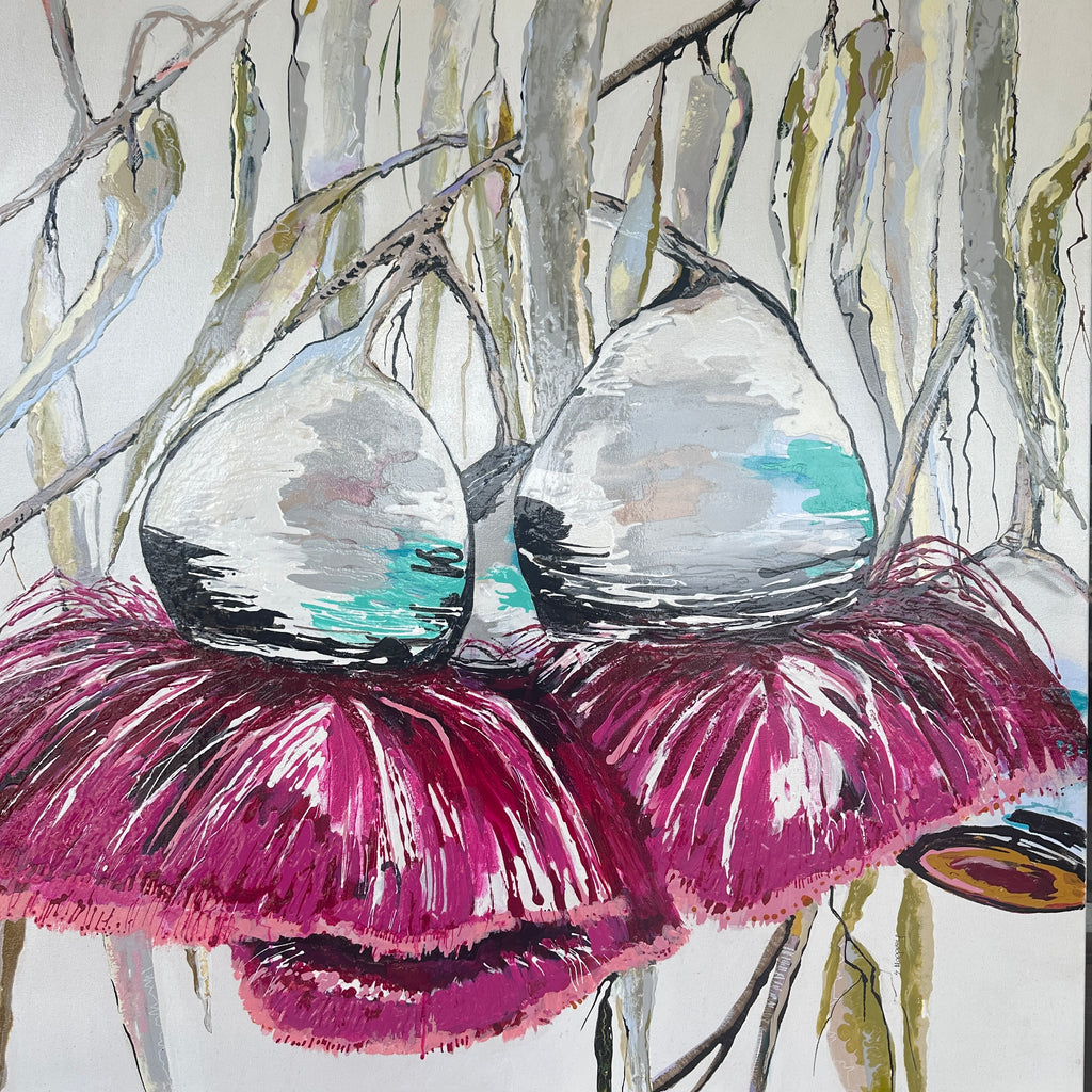 FLOWERING GUMS 90CM X 90CM by SUE MAGAREY