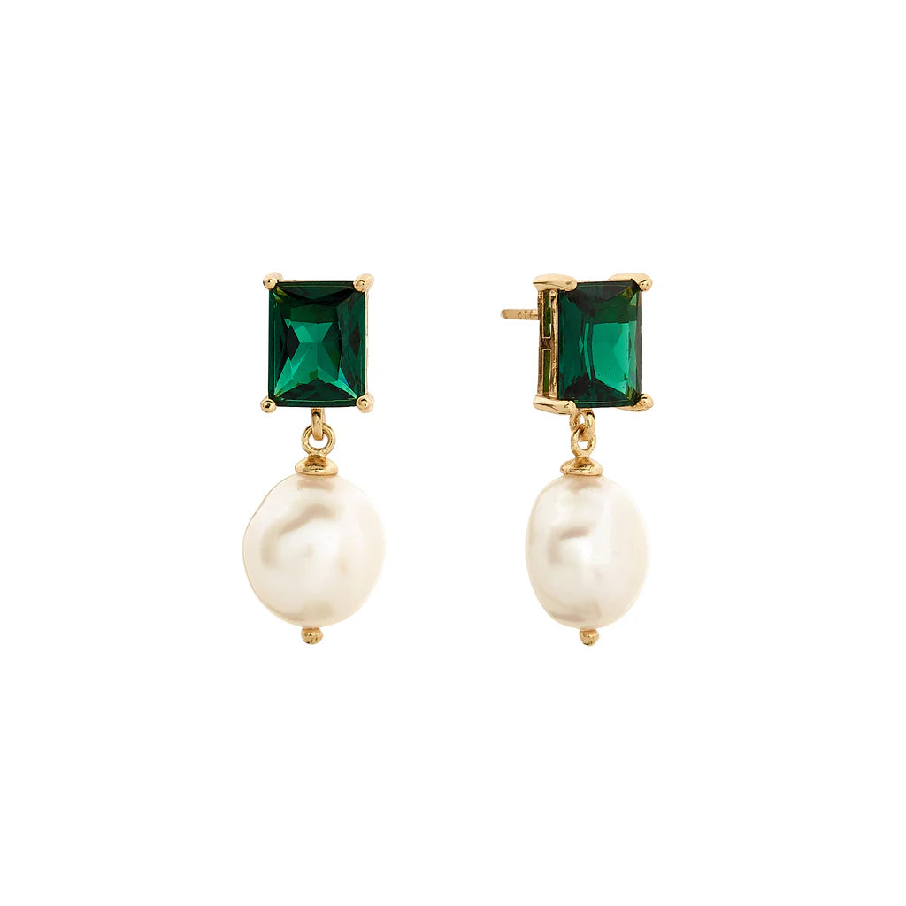 SYBELLA JEWELLERY - MISTY DEEP GREEN BAGUETTE & PEARL DROP EARRINGS
