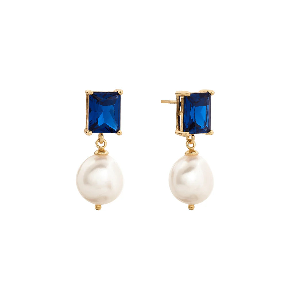 SYBELLA JEWELLERY - MISTY DARK BLUE BAGUETTE & PEARL DROP EARRINGS