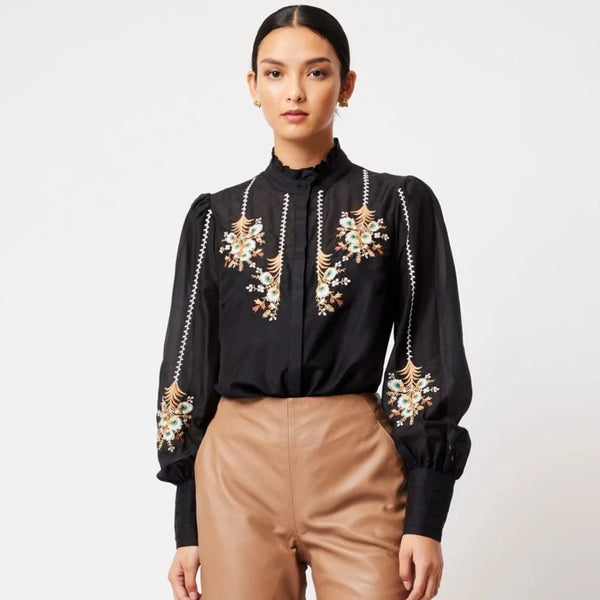 ONCE WAS - FLORENCE COTTON SILK EMBROIDERED SHIRT IN BLACK