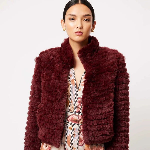 ONCE WAS - ALTAIR FAUX FUR BOMBER JACKET IN SCARLET