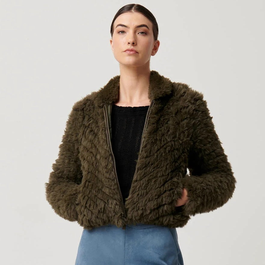 ONCE WAS - SYBIL CHEVRON FAUX FUR BOMBER IN MOSS