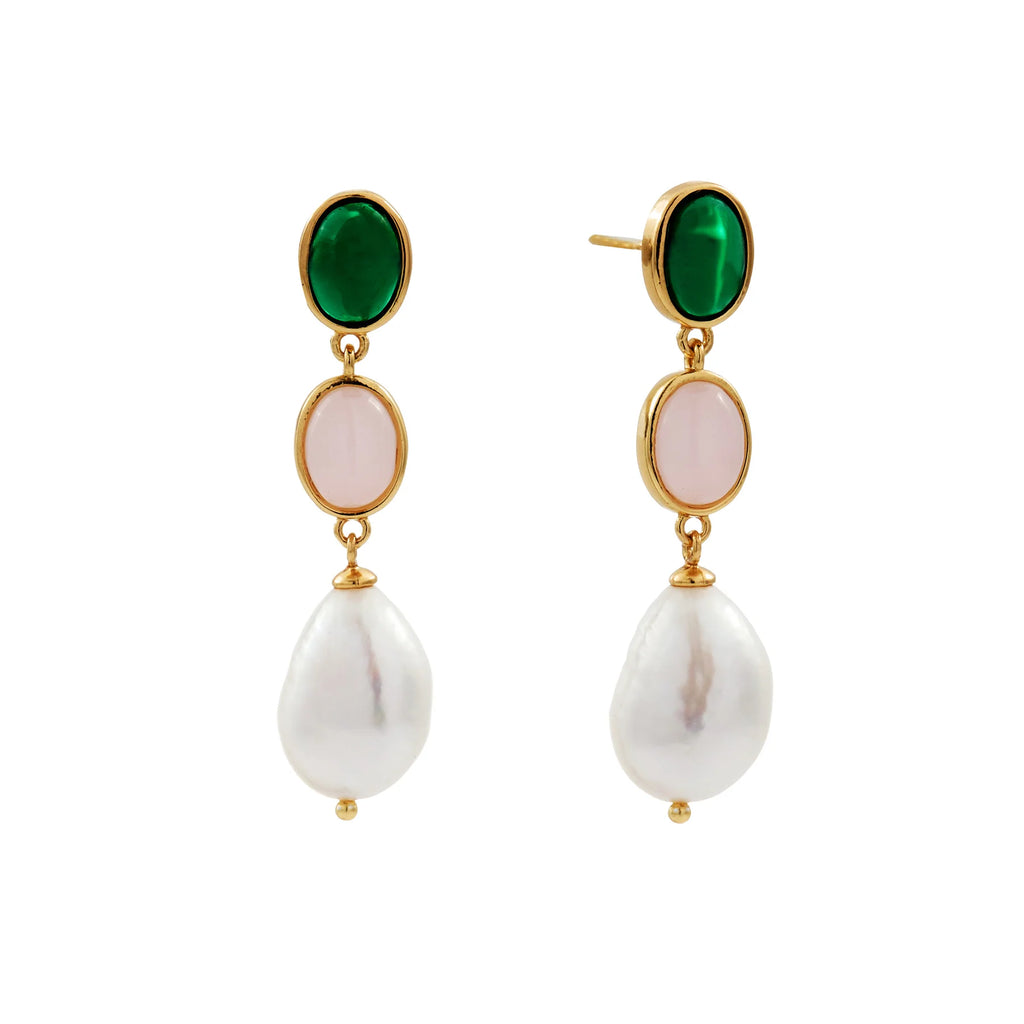 SYBELLA JEWELLERY - PETUNIA EMERALD AND SMOKY PINK OVAL CZ WITH FRESHWATER PEARL EARRINGS