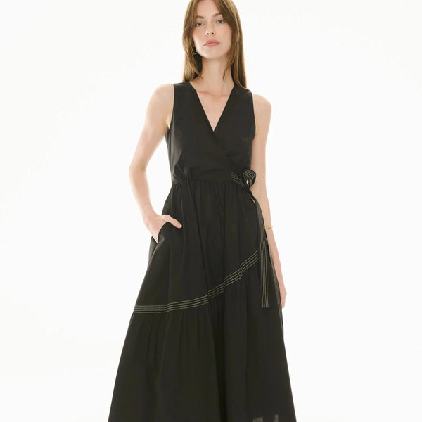 POL CLOTHING - Orlo Topstitch Wrap Dress - Black/Pebble