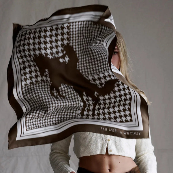 FAR MER by Whitney - "HOUNDSTOOTH HORSE" SILK BANDANA  65cm x65cm
