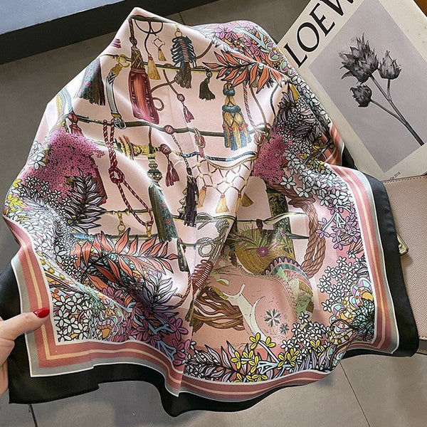 Silk Square Scarf Women Vintage Pink Black Kerchief Headscarf Wrap 68*68cm