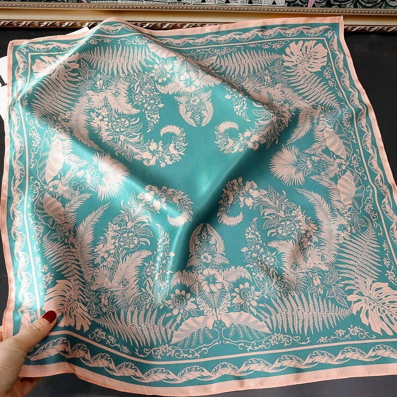 100% Silk Scarf Women Vintage pale Blue Floral Kerchief Square Bandana Wrap 68*68cm