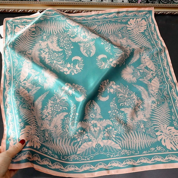100% Silk Scarf Women Vintage pale Blue Floral Kerchief Square Bandana Wrap 68*68cm