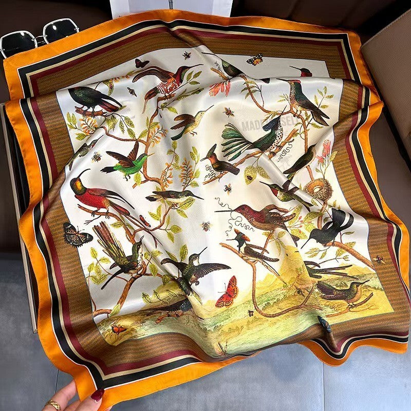 Women Silk Scarf Vintage Green Flower Kerchief Square Bandana Wrap 68*68cm
