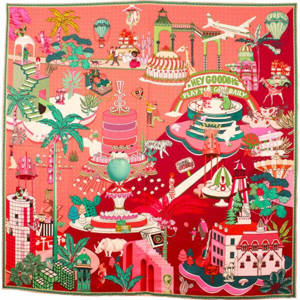 MAISON FANLI Silk Scarf 50×50 - Gateaux - CORAL