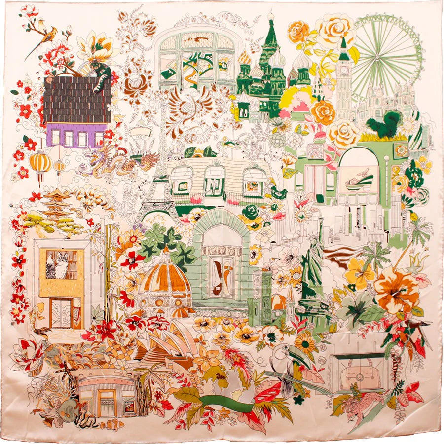 MAISON FANLI Silk Scarf 50×50 - Romantic Paris - CREAM