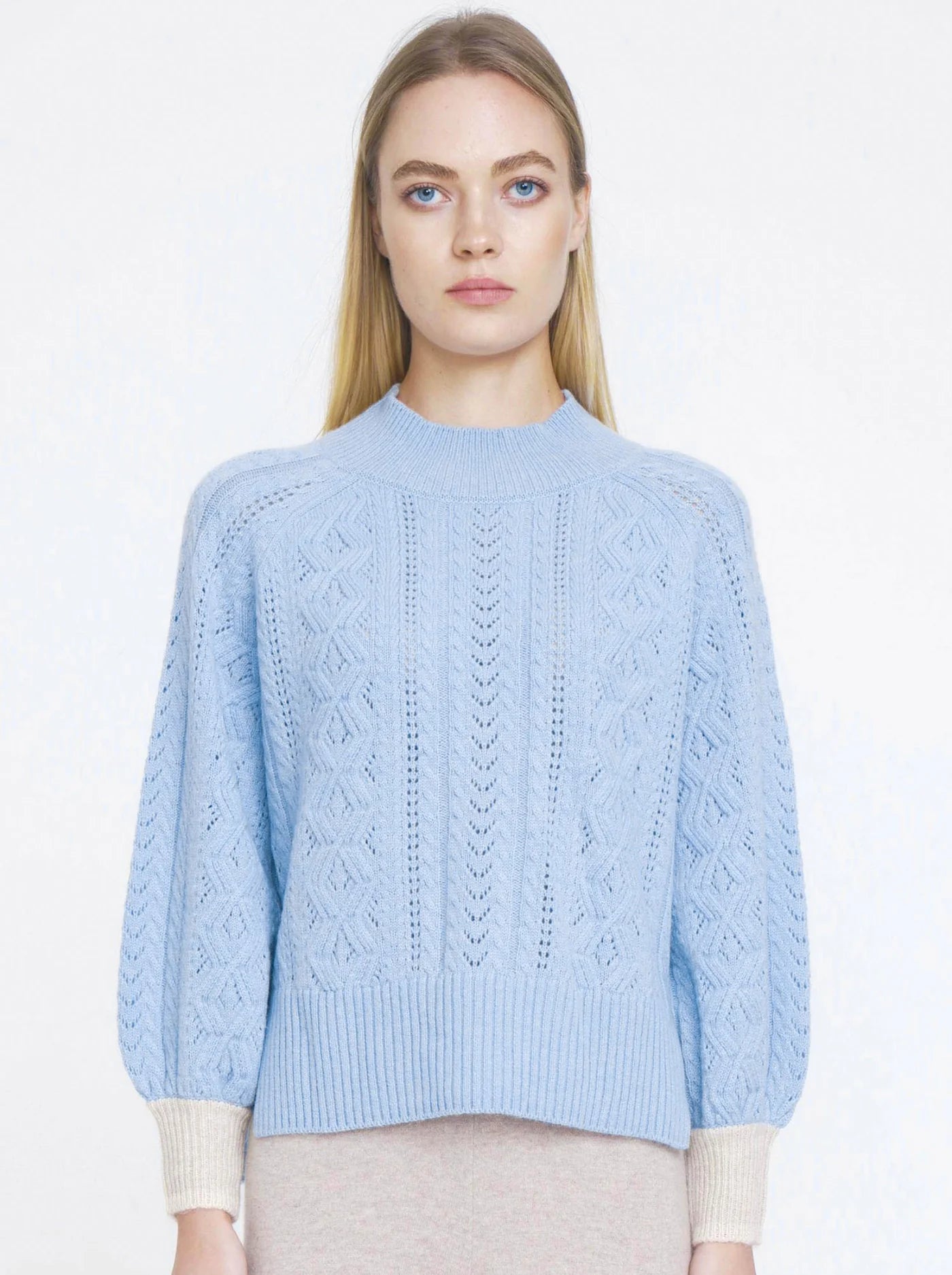 ALEGER No 64 Balloon Sleeve Cashmere Blend Sweater LIGHT BLUE Design Detail Mountain Style