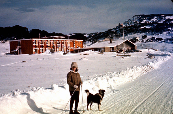 Vintage girl with dog "Man from Snow River Hotel" Perisher Circa 1960's